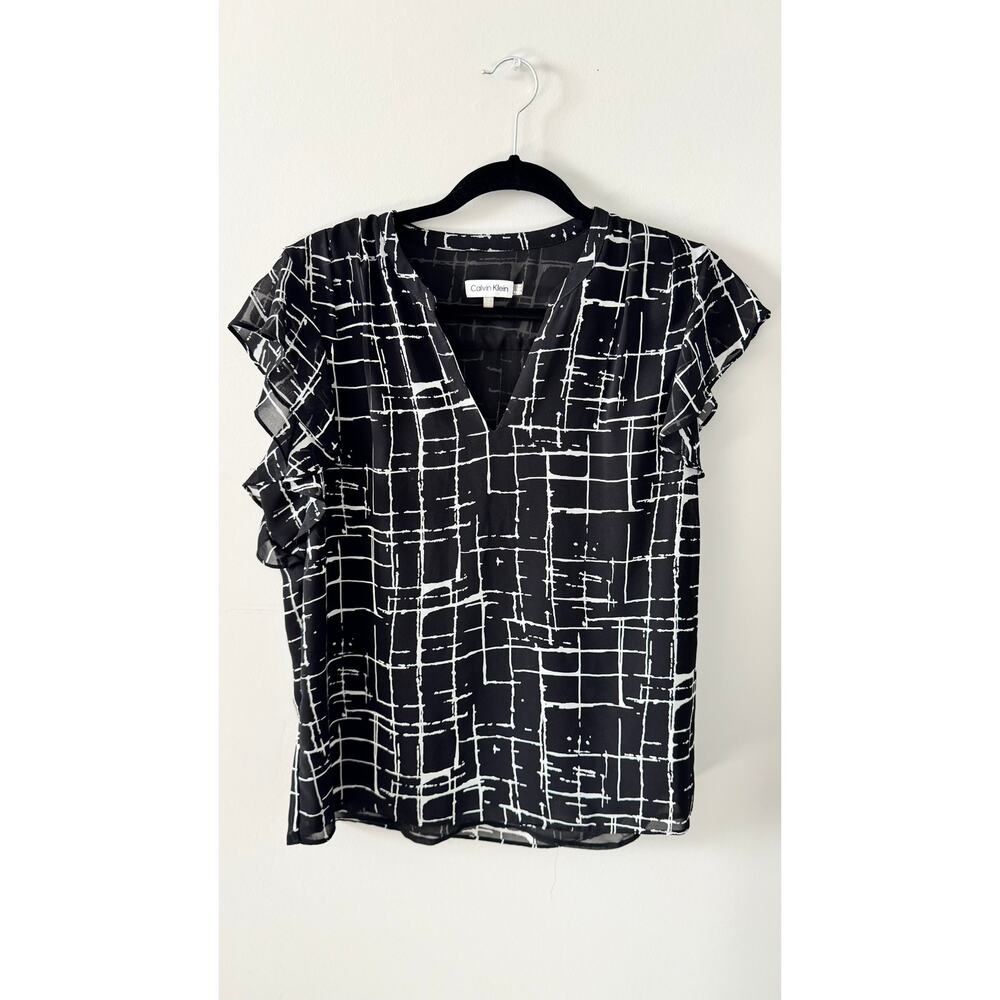 Calvin Klein Women’s Blouse – Black & White Abstract Grid Print – Size Medium